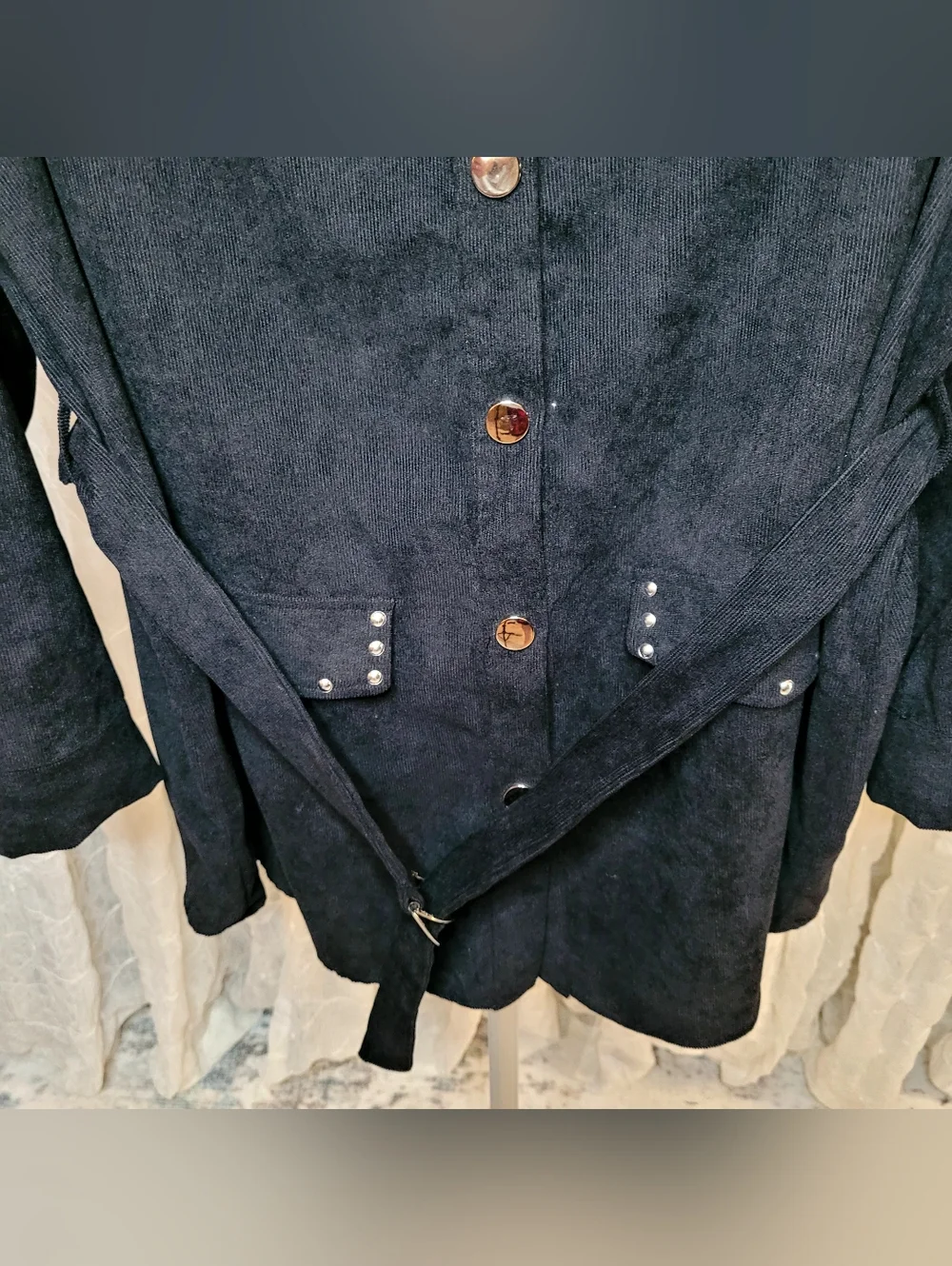 Shein Curve Black Corduroy Stud-Trim Collared Women's Belted Jacket Shacket